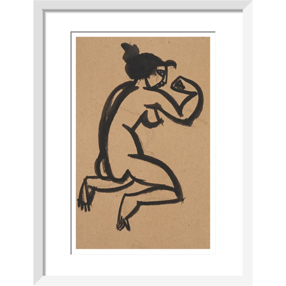 Female nude, kneeling and flexing right arm - Art print