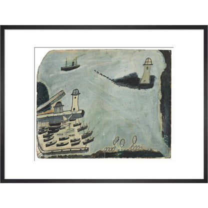 Harbour with two lighthouses and motor vessel - Art print
