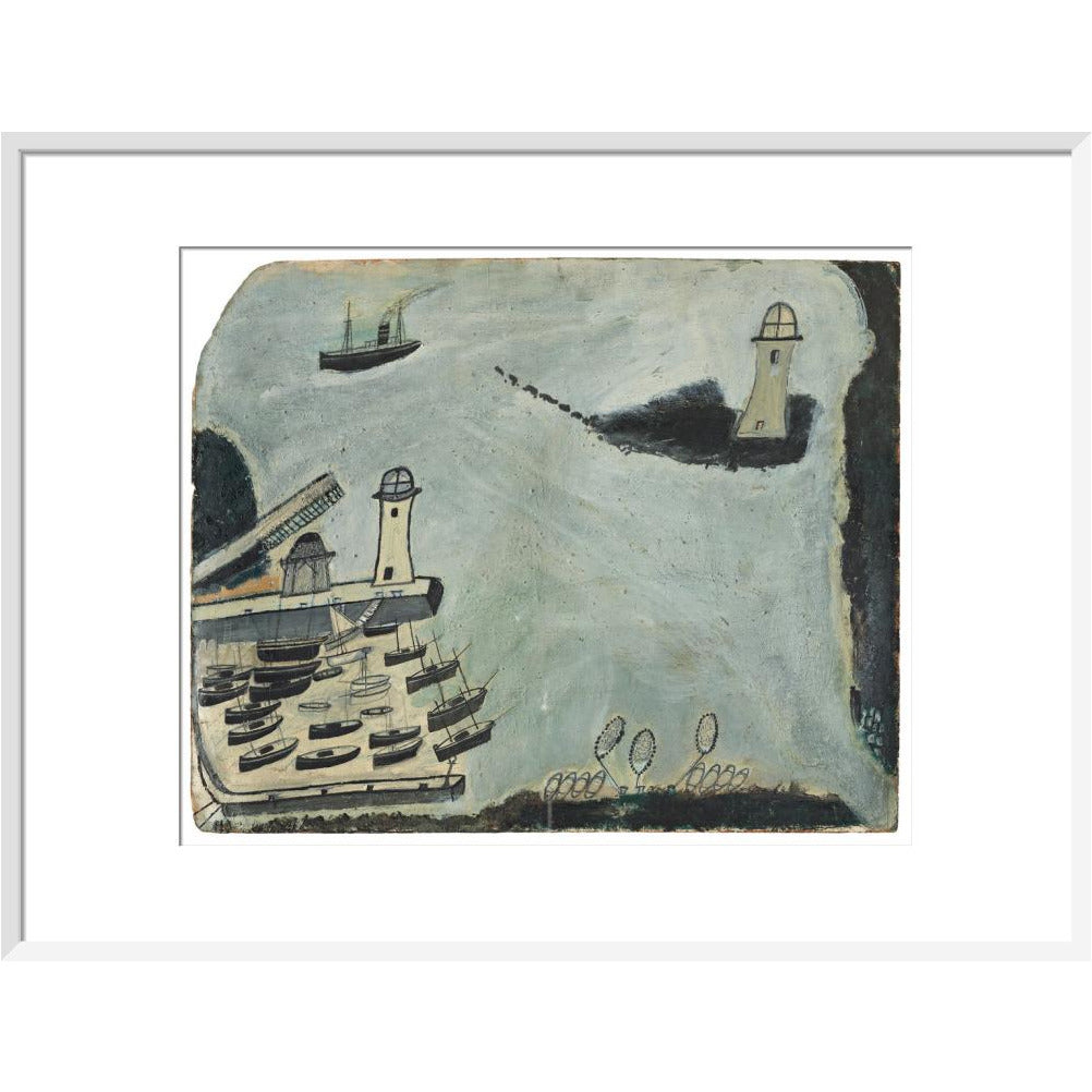 Harbour with two lighthouses and motor vessel - Art print