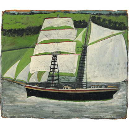 Brigantine sailing past green fields - Art print