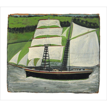 Brigantine sailing past green fields - Art print