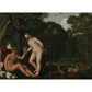 Greeting card, landscape format. Adam and Eve in Paradise by Johann Konig. Adam and Eve appear on the left, naked but for red face masks. A selection of animals including cows, sheep, deer and chickens look on. From the collection of The Fitzwilliam Museum, brought to you by CuratingCambridge.com